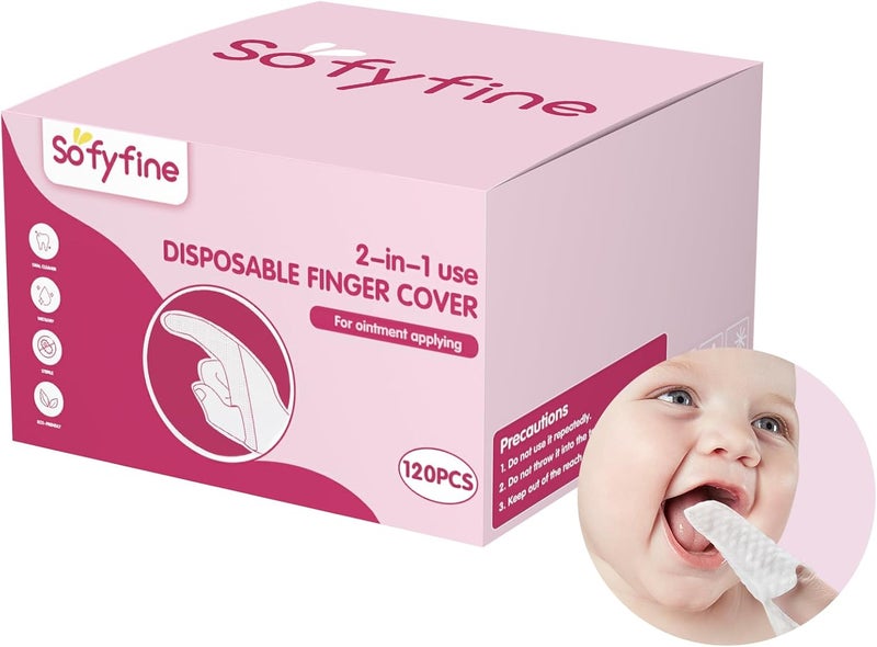 SOFYFINE 60 قطعة منظف لسان الأطفال وفرشاة أسنان أصابع للفم واللثة، مناديل جافة للفم واللثة، للمواليد، 0-24 شهرًا من الرضع والأطفال الصغار - Image 1